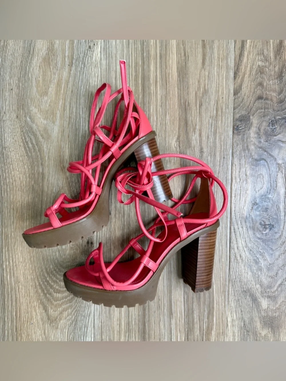 Michael Kors Lace-Up Platform Sandals Pink Chunky Heel Strappy